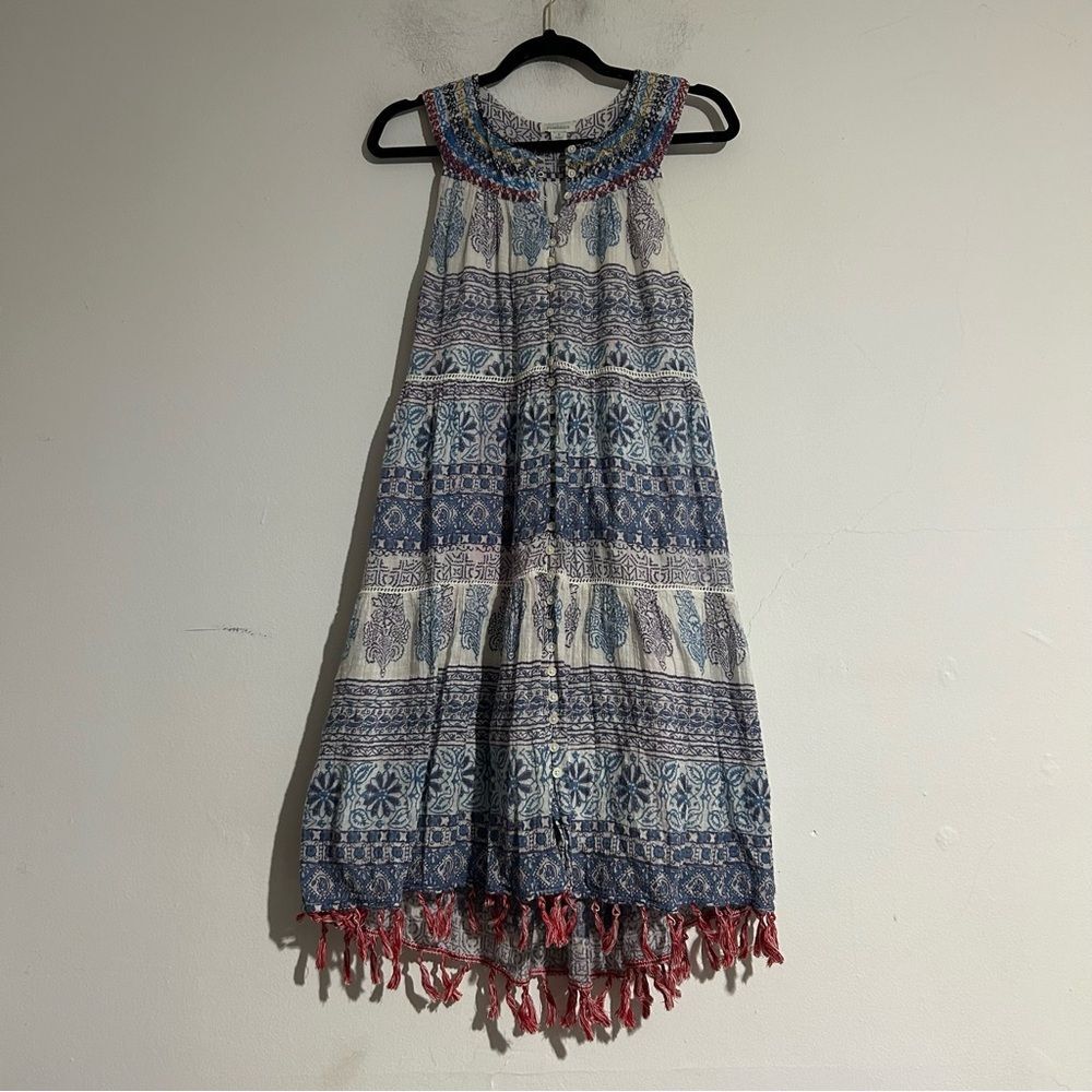 Sundance Blue Floral Abstract Tassel Halter Mini Dress Boho Cottage Vacation